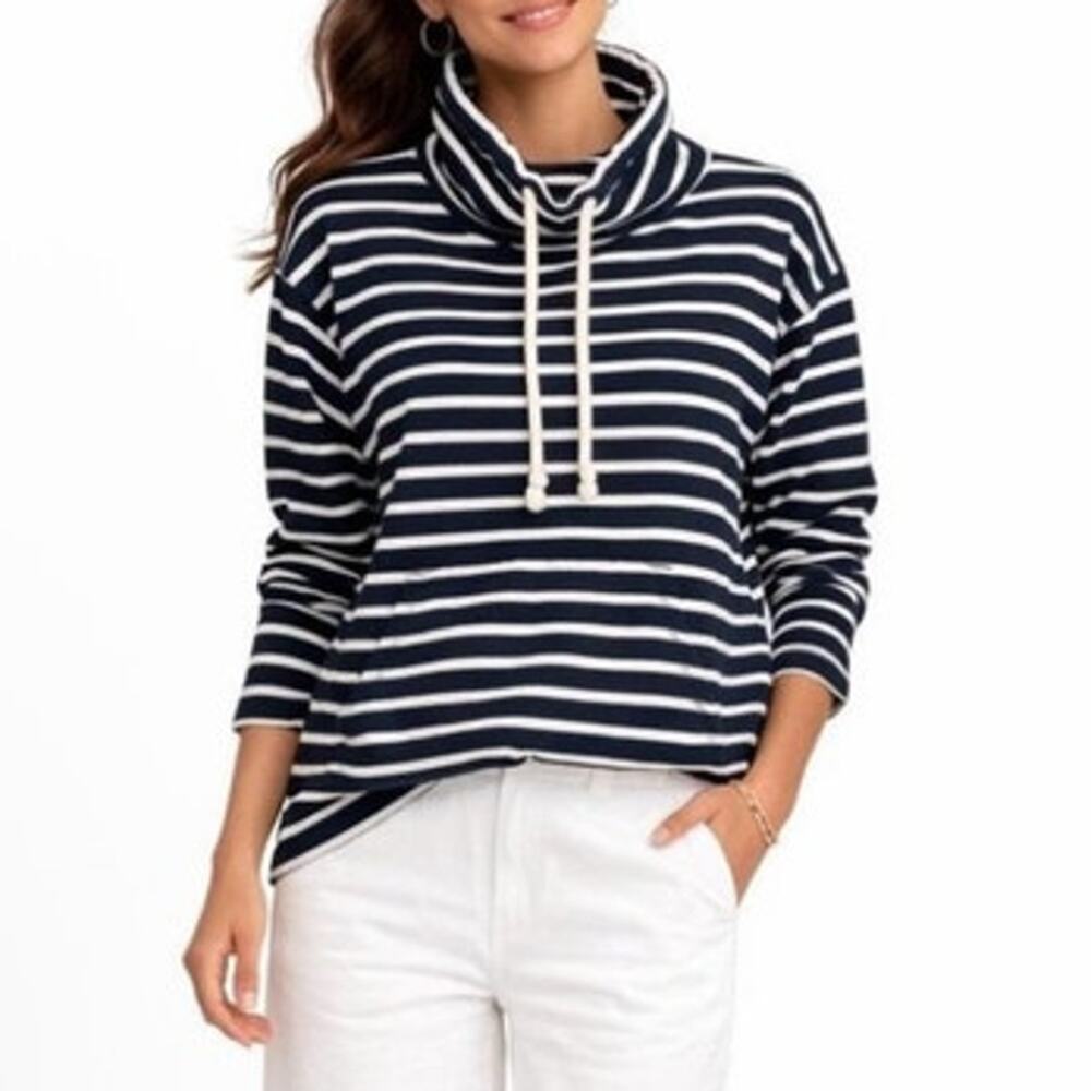 J.Crew Funnel Neck Pullover 100% Cotton Striped Top Navy Size XL Cozy Preppy